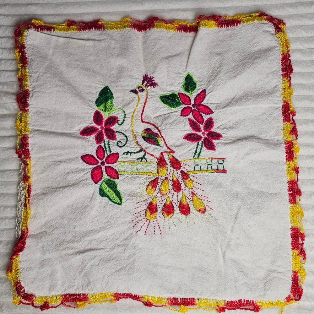 Vintage Handmade Peacock Embroidered Pillow Cover 16x16 White Folk Art Crochet
